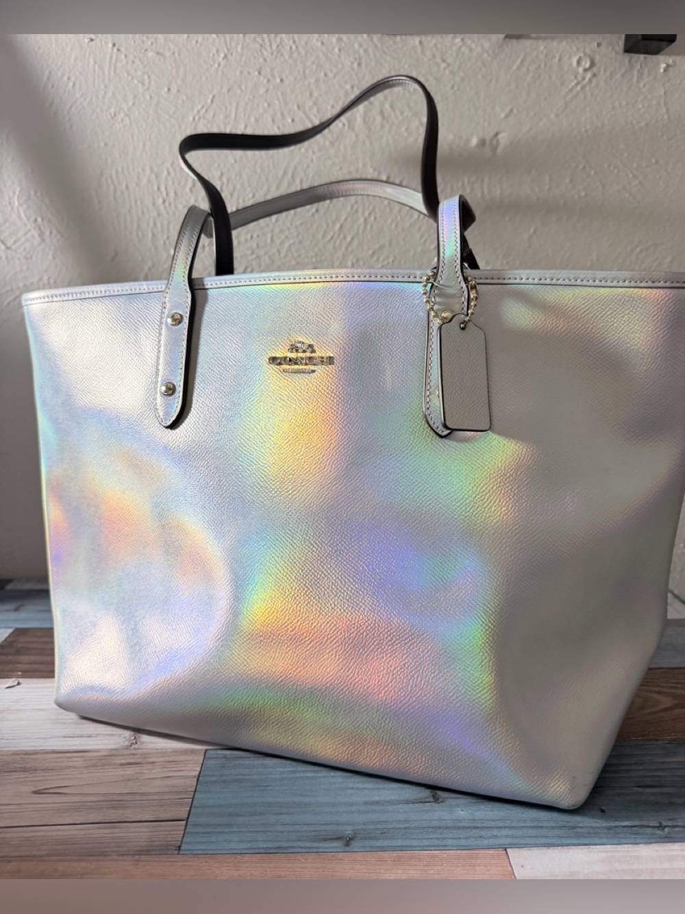 Coach Iridescent Tote Bag - Silver with Rainbow Sheen